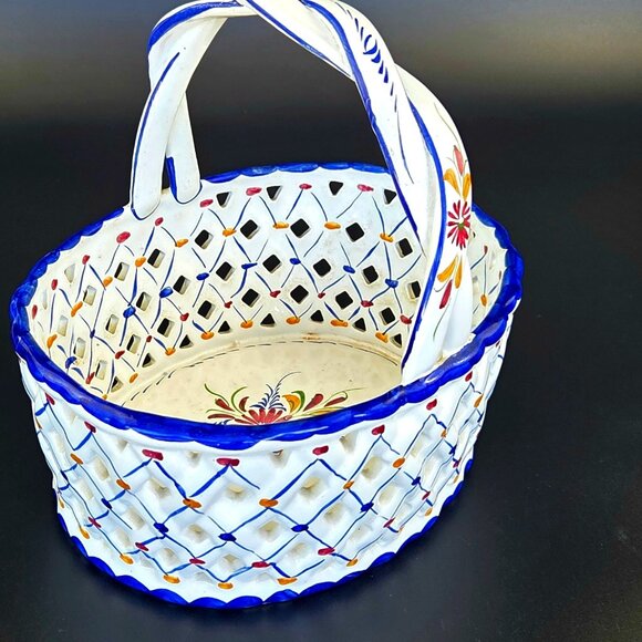 Vintage - Open Lace Basket - Floral Design - Handle - Porcelain/Ceramic